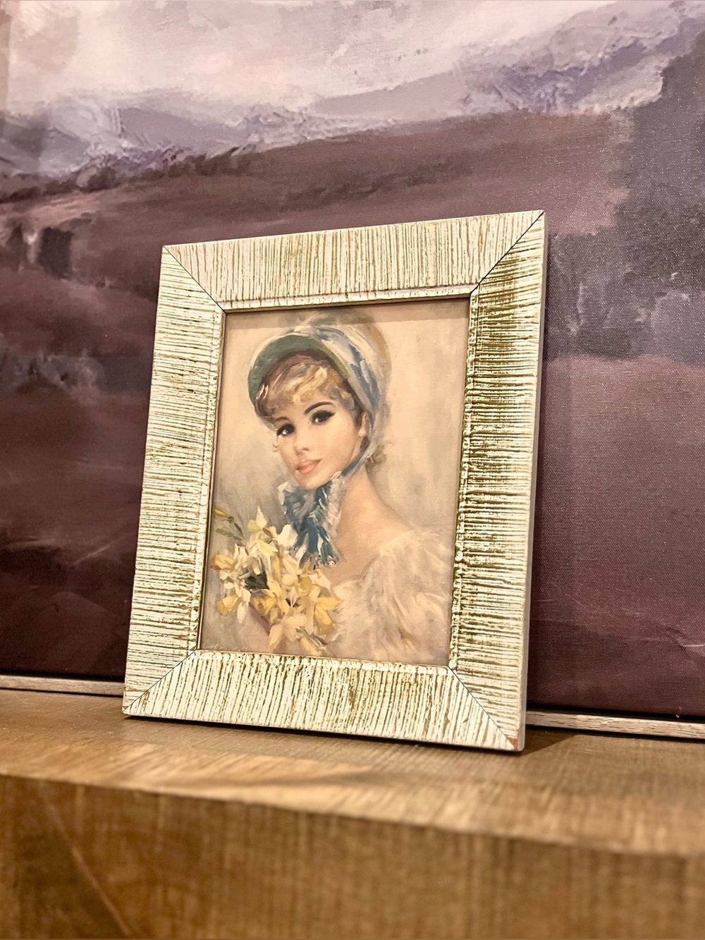 1960s Framed Portrait Print Girl in Blue Bonnet Holding Yellow Flowers 8.5x10.5”